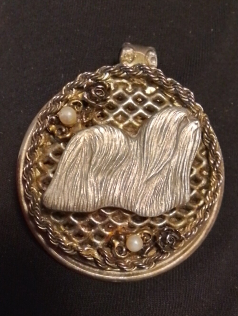 VINTAGE Two Tone Silver Llaso Dog Pendant Necklace, 2-1/8" Diameter